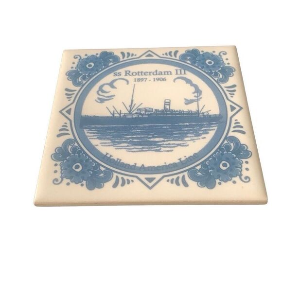 Vintage Holland America Line Delft SS Rotterdam III 97-1906 Ceramic Tile Coaster - Picture 6 of 8